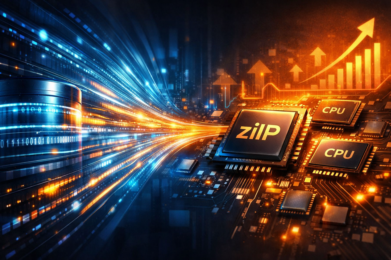Abstract illustration of data extraction lines merging into zIIP and CPU chips representing high-performance data offloading with ADASTRIP and zIIP technology.