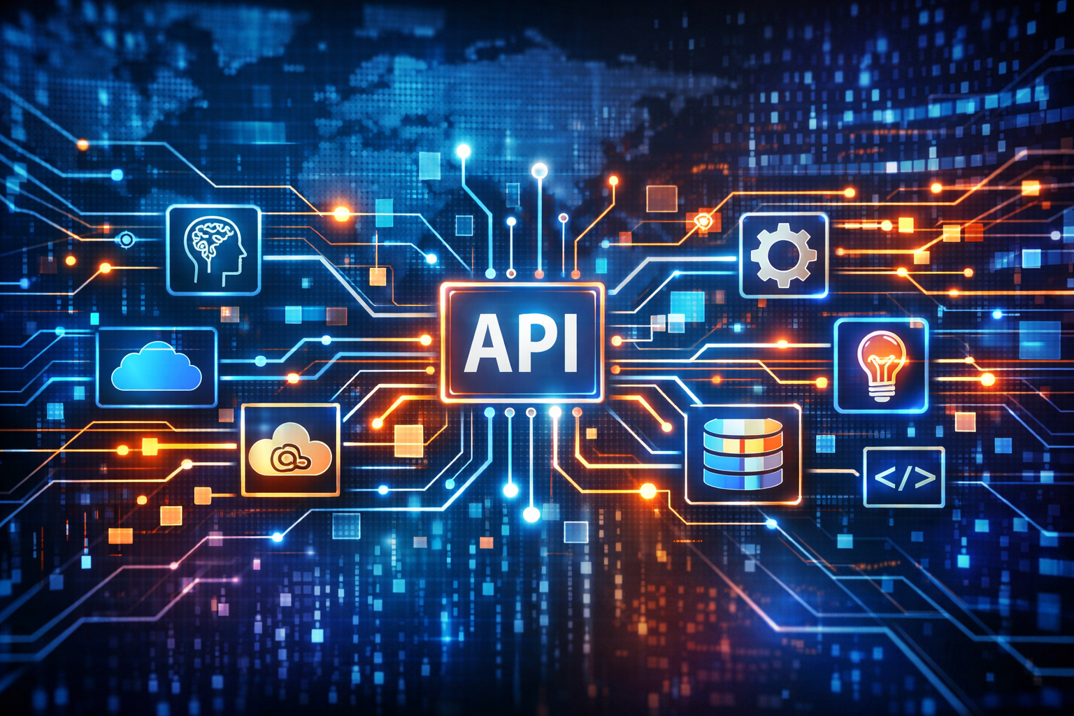 Illustration of interconnected API microservices and AI icons representing no-code API development and AI-ready services.