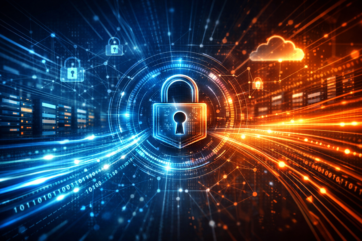 Abstract illustration of secure data pipelines with glowing data streams and lock symbol representing real-time data protection.