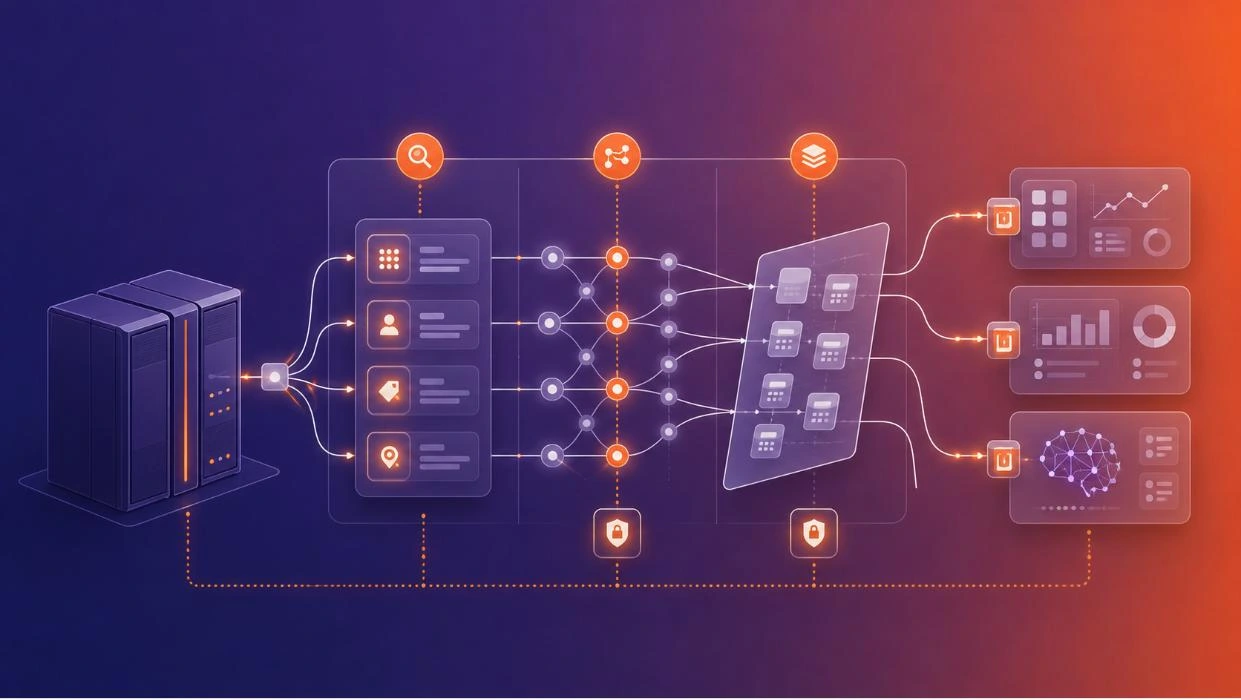 Core systems left untouched while discovery, lineage, replication and virtualisation deliver governed data to applications, analytics and AI without duplicating it