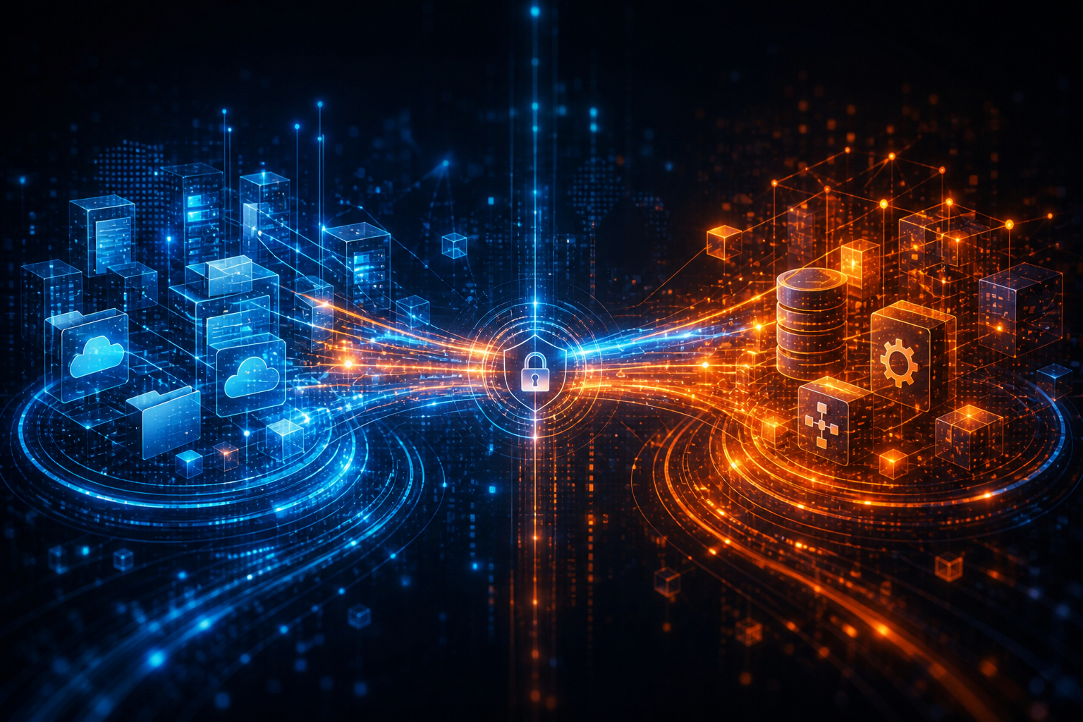 Abstract illustration of two enterprise technology ecosystems connecting through a secure data and content partnership.