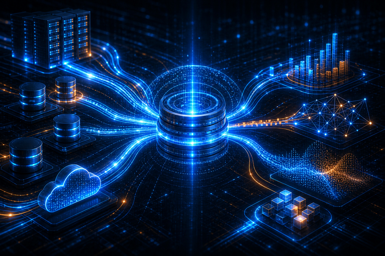 Abstract illustration of enterprise data sources converging into a unified data product for analytics and AI.