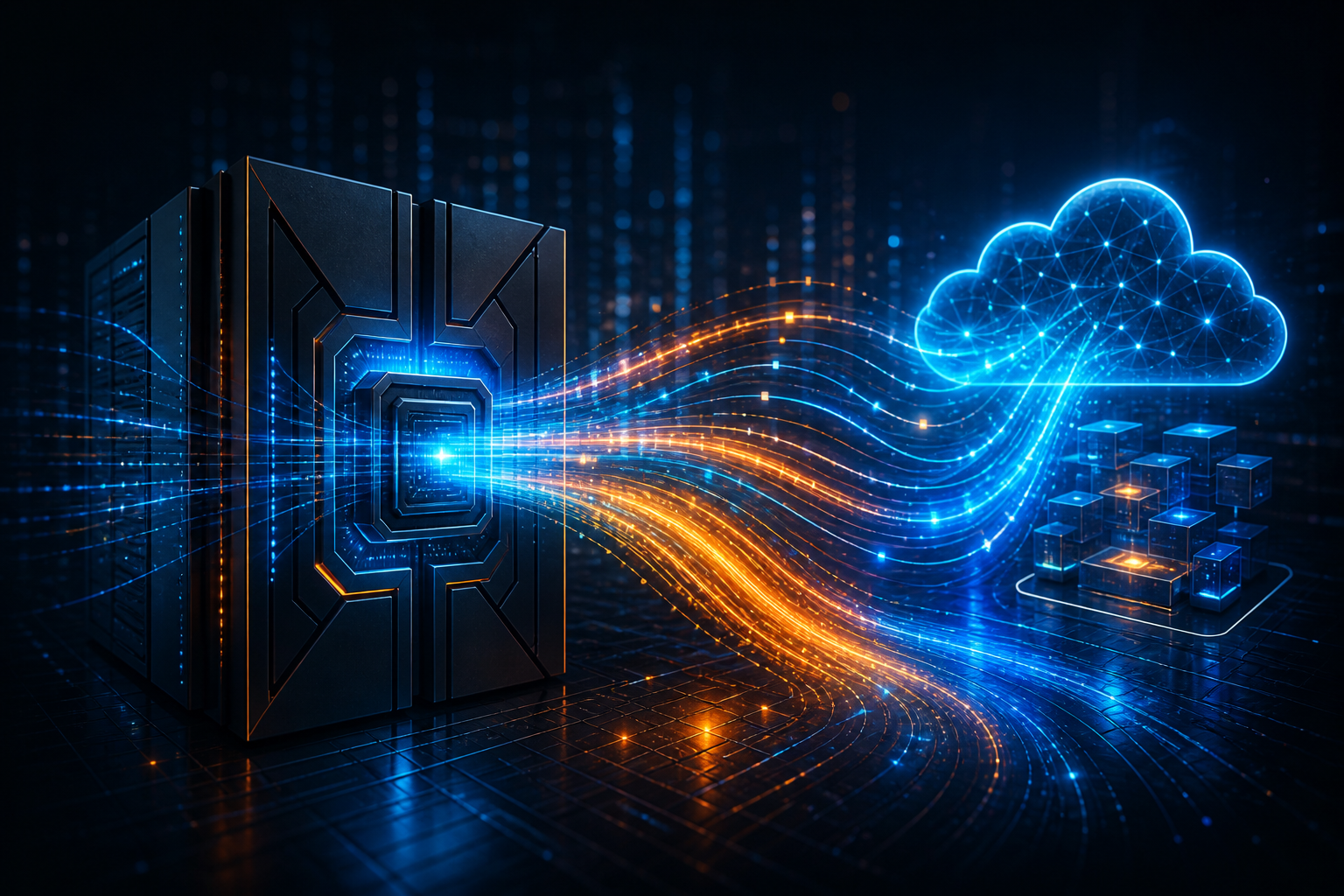 Abstract illustration of mainframe workloads shifting to zIIP capacity, creating headroom for cloud and AI innovation.